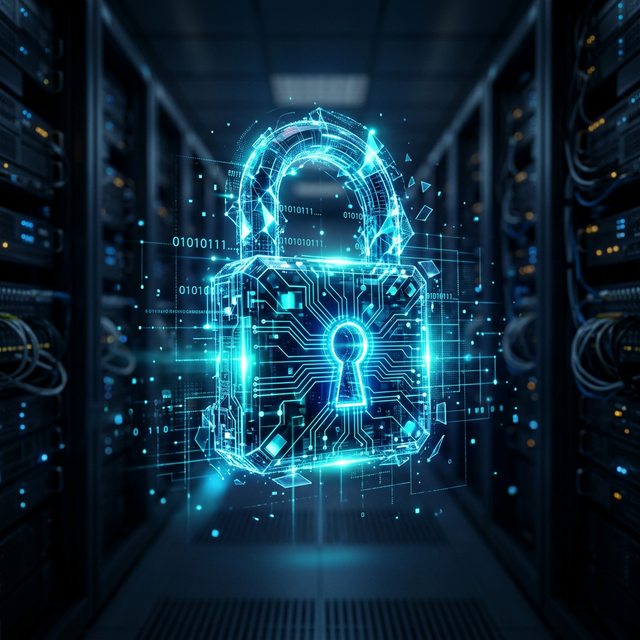 A high-tech cybersecurity command center with multiple glowing holgraphic screens displaying network data maps, lines of complex code, and biometric security status. Deep blue and green lighting. Professional, sleek, cinematic atmosphere. No people. No woman.